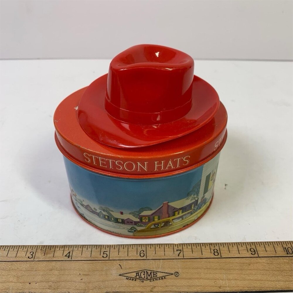 Vintage Stetson Collectible Salesman Red Hat And Tin, Winter Holiday Scene!!